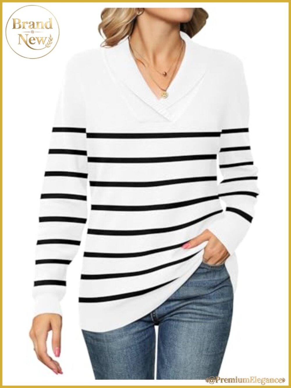 Women V-Neck Long Sleeve Pullover Sweater Oversized Knit Top